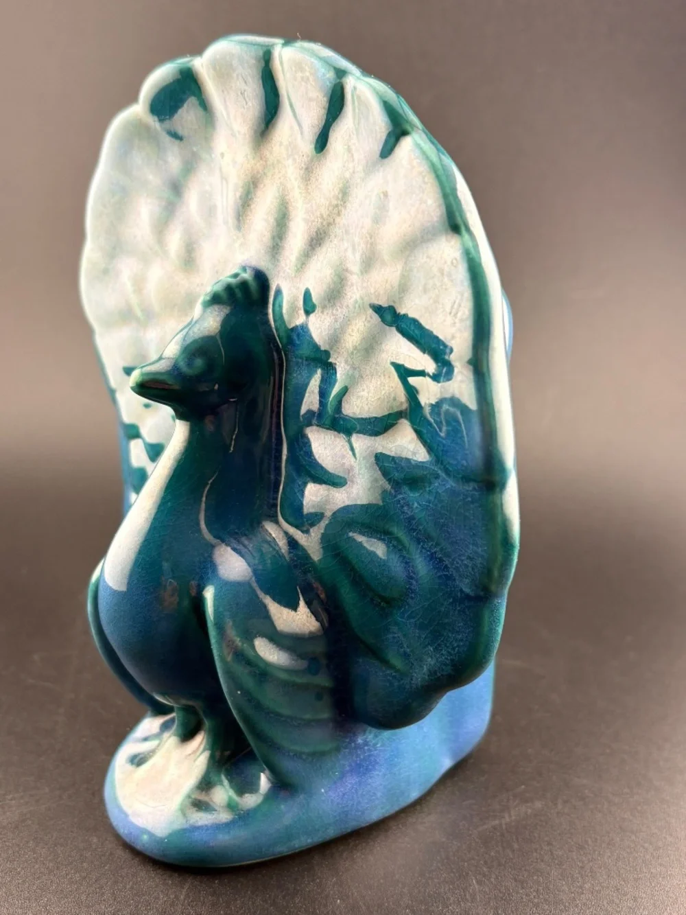Vintage McCoy Style Peacock Wall Pocket Planter Vase Blue Teal Glaze USA MCMBeau